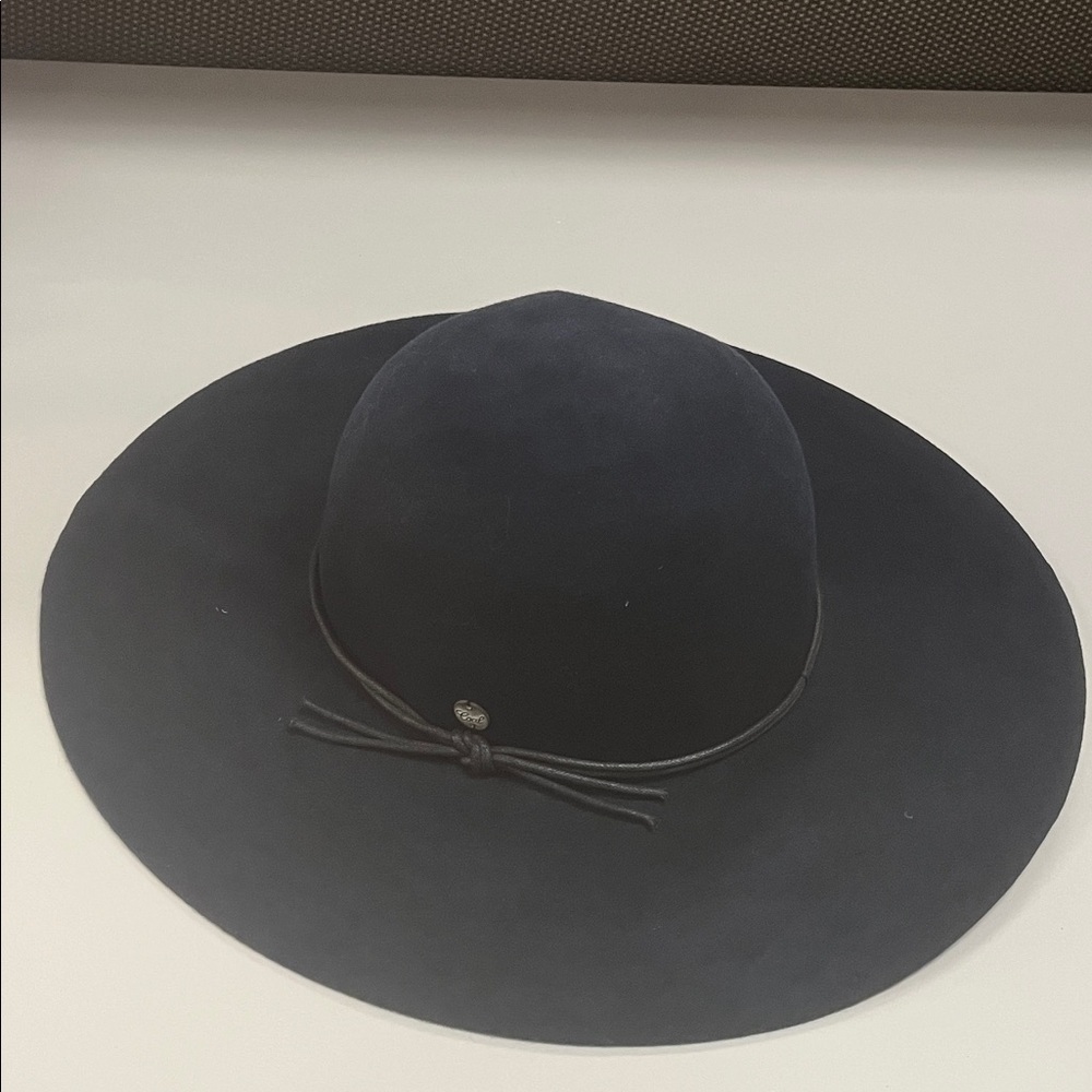 Chic Deep Navy Blue with Black Cord Wide-Brim Wool boho Hat